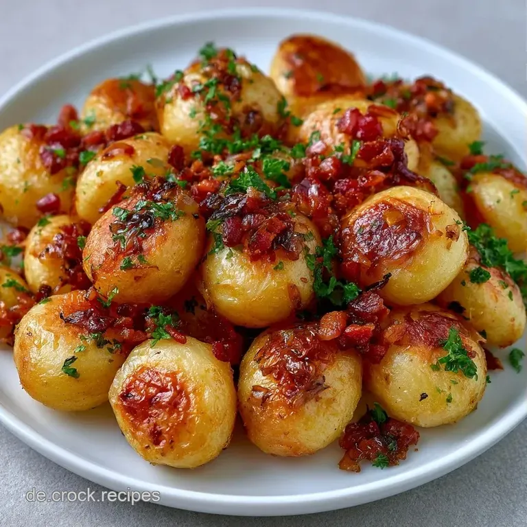 Dampfende, goldgelbe Kartoffelspalten mit r&ouml;stbraunem Speck, ansprechend auf einem wei&szlig;en Porzellanteller angerichtet.