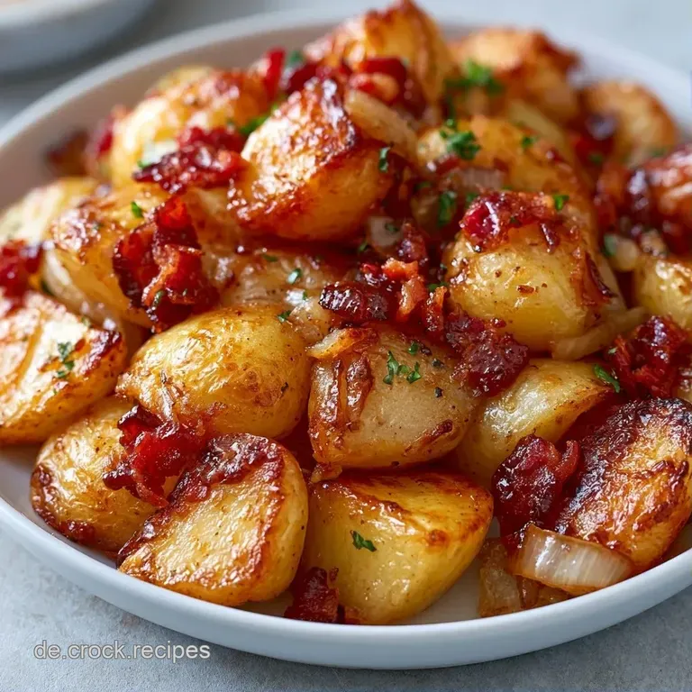 Dampfende, goldgelbe Bratkartoffeln mit knusprigem Speck, angerichtet auf einem wei&szlig;en Teller mit gr&uuml;nen Kr&auml;utern.