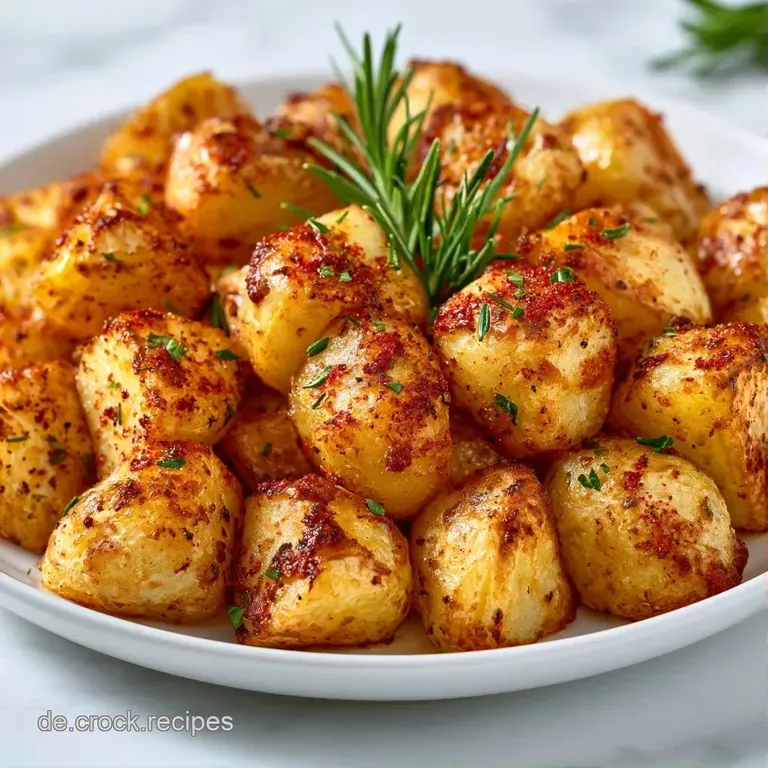 Goldgelbe Ofenkartoffeln, elegant auf einem wei&szlig;en Keramikteller angerichtet, garniert mit frischem, gr&uuml;nem Rosmarin.