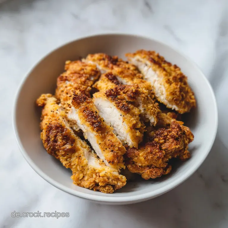 Crispy chicken tenders artfully plated with a side of vibrant dipping sauce and a fresh green garnish.