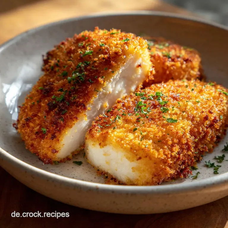 Crispy, cheesy chicken served over pasta with lemon wedges. The dish is garnished with fresh herbs and a drizzle of olive ...