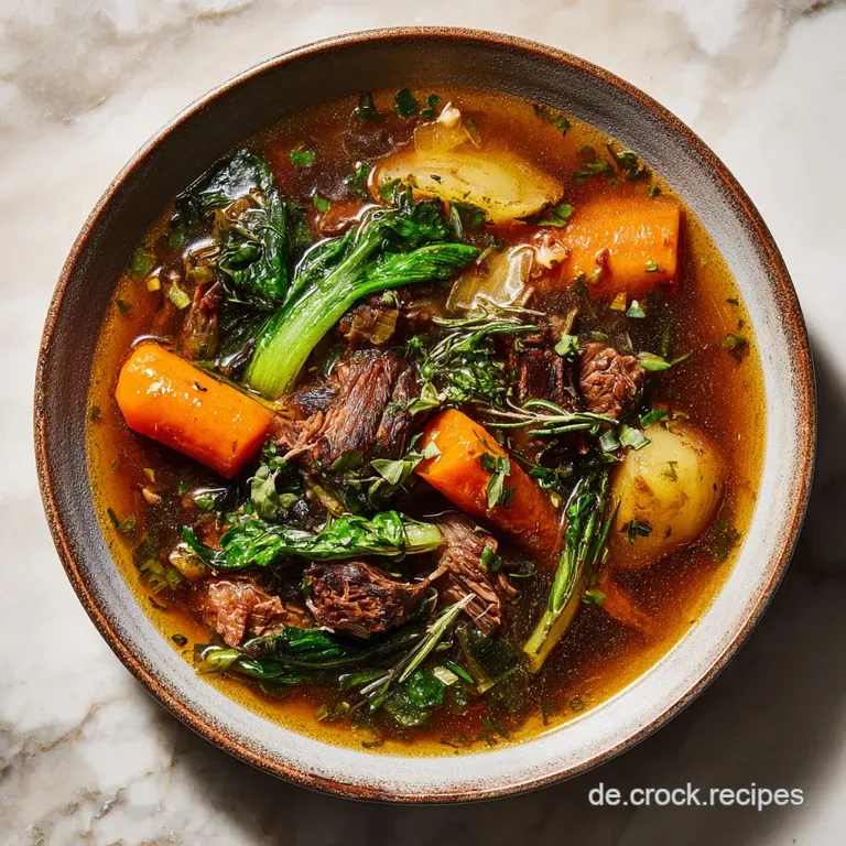 A clear, golden beef broth served in a delicate white bowl, garnished with fresh herbs and sliced vegetables, elegant and ...
