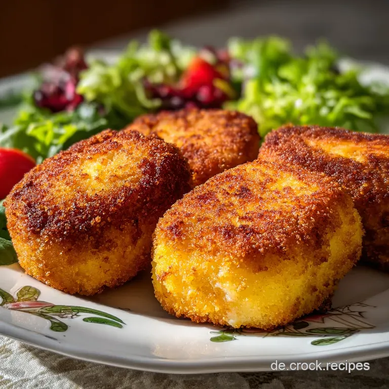 Crispy, golden croquettes with cheese oozing, presented with a side of vibrant green herbs, offering a satisfying crunch.