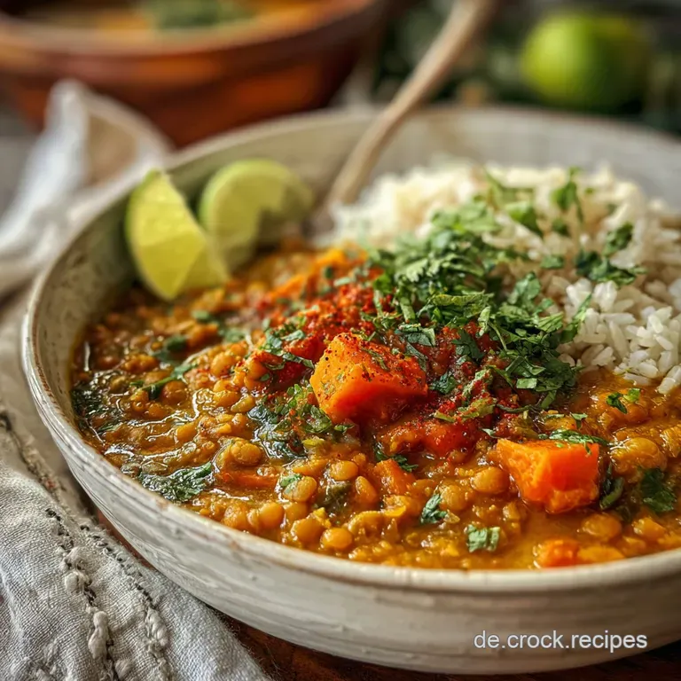A single bowl of rich pumpkin lentil curry, garnished with green herbs. Steaming, inviting, and colorful against a dark ba...