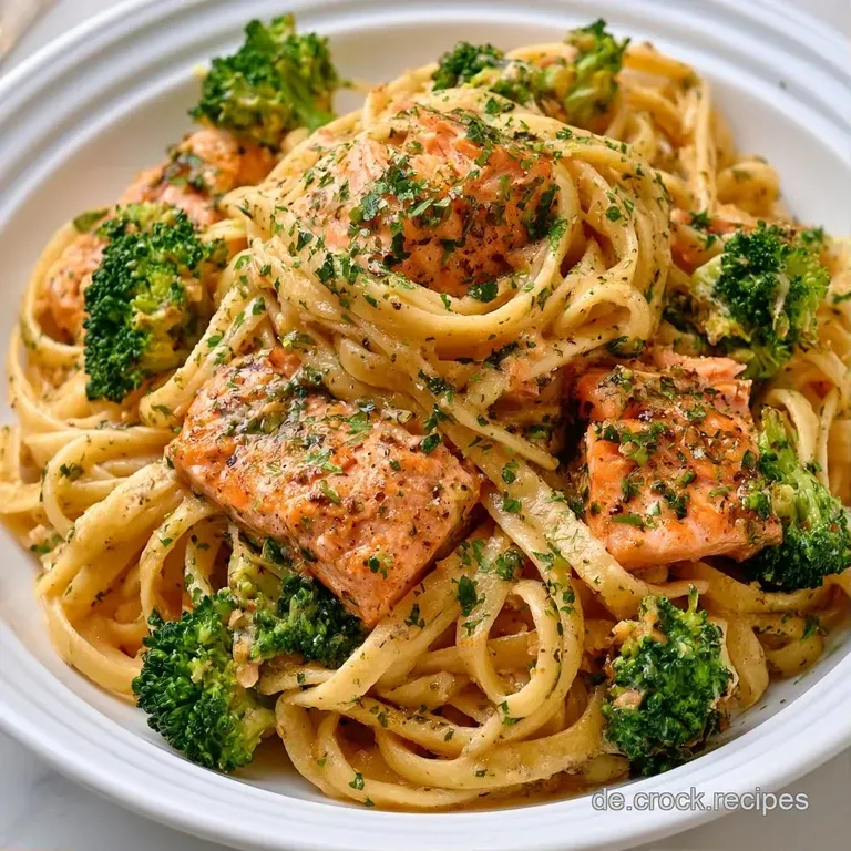 Elegant angerichtete Nudeln mit gl&auml;nzendem Lachs und knackigem Brokkoli auf einem wei&szlig;en Porzellanteller.