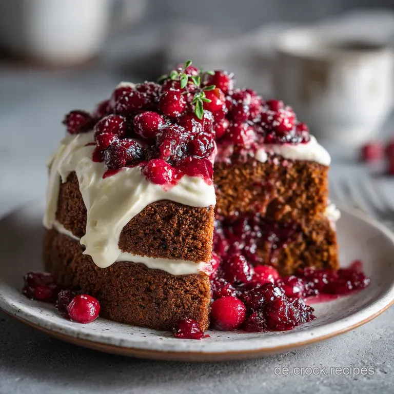 Slice of Lebkuchentorte on a plate, cranberries glistening against the dark cake. Icing sugar dusting adds a wintry touch.