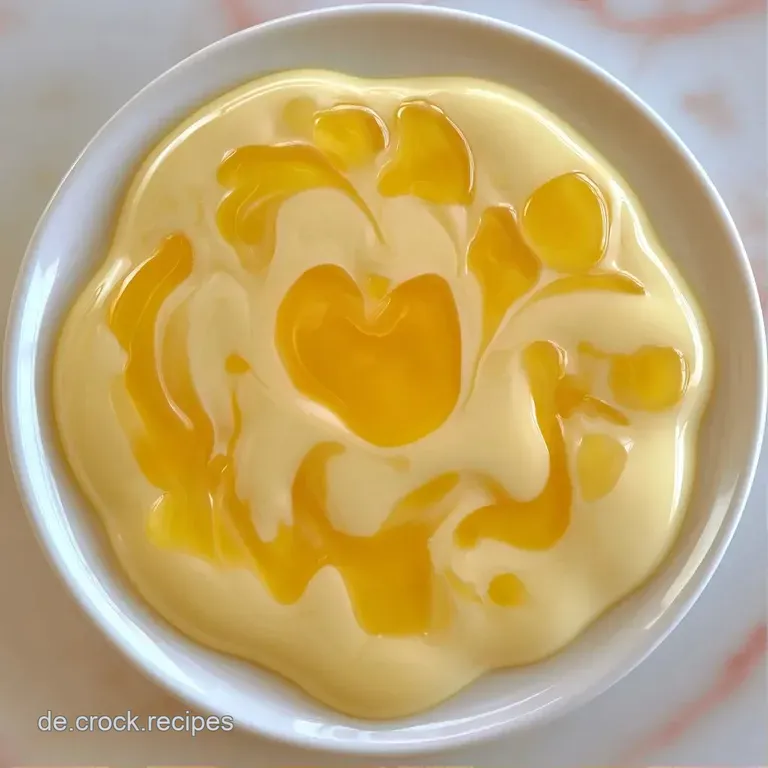 Goldgelbe, samtige Sauce auf einem wei&szlig;en Teller, elegant angerichtet mit einer Prise Paprika und einer Zitronenscheibe.