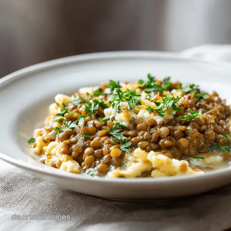 A swirl of lentils and delicate Sp&auml;tzle, garnished with fresh herbs, artfully arranged on a white plate, steam rising.