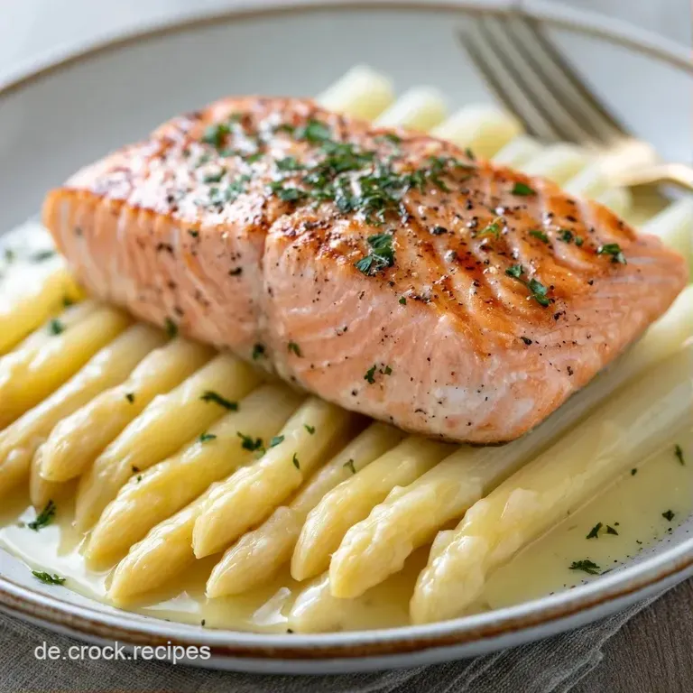 Elegant angerichtete Lachsst&uuml;cke und zarter Spargel auf wei&szlig;em Porzellan mit einer frischen Zitronenspalte.