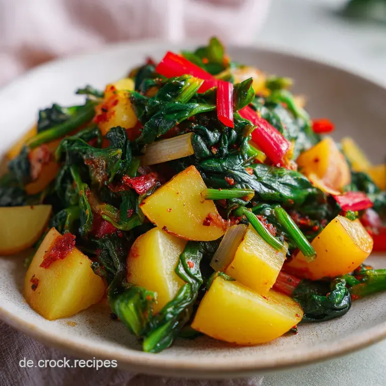 Tender Swiss chard leaves are artfully arranged with perfectly roasted, golden potato chunks on a plate.