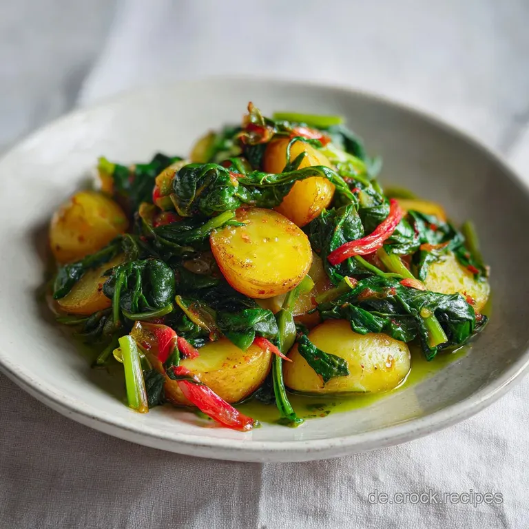 A rustic ceramic bowl filled with hearty wilted greens and soft, golden potato pieces, artfully arranged.