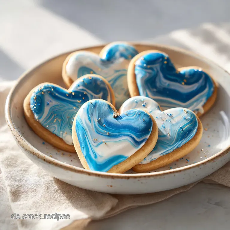 Artfully arranged marbled heart cookies, some with intricate icing, others plain, on a rustic wooden surface. Soft, inviting.