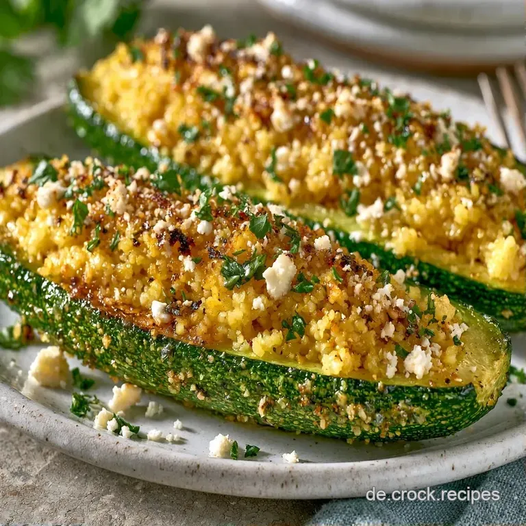 Drei dampfende Zucchinih&auml;lften auf einer hellen Keramikplatte, garniert mit leuchtend gr&uuml;ner Petersilie und Oliven&ouml;l.