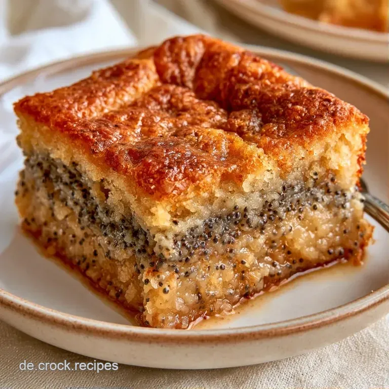Ein saftiges St&uuml;ck Mohnkuchen auf einem wei&szlig;en Teller, fein best&auml;ubt mit Puderzucker und weicher Textur.