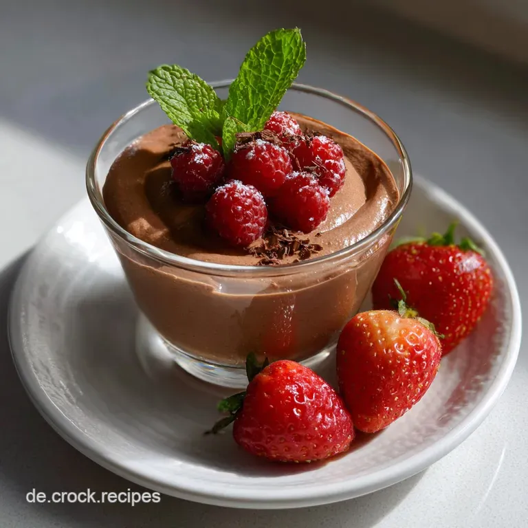 Individual servings of glossy dark chocolate mousse in elegant glass bowls, garnished with vibrant red raspberries, ready ...