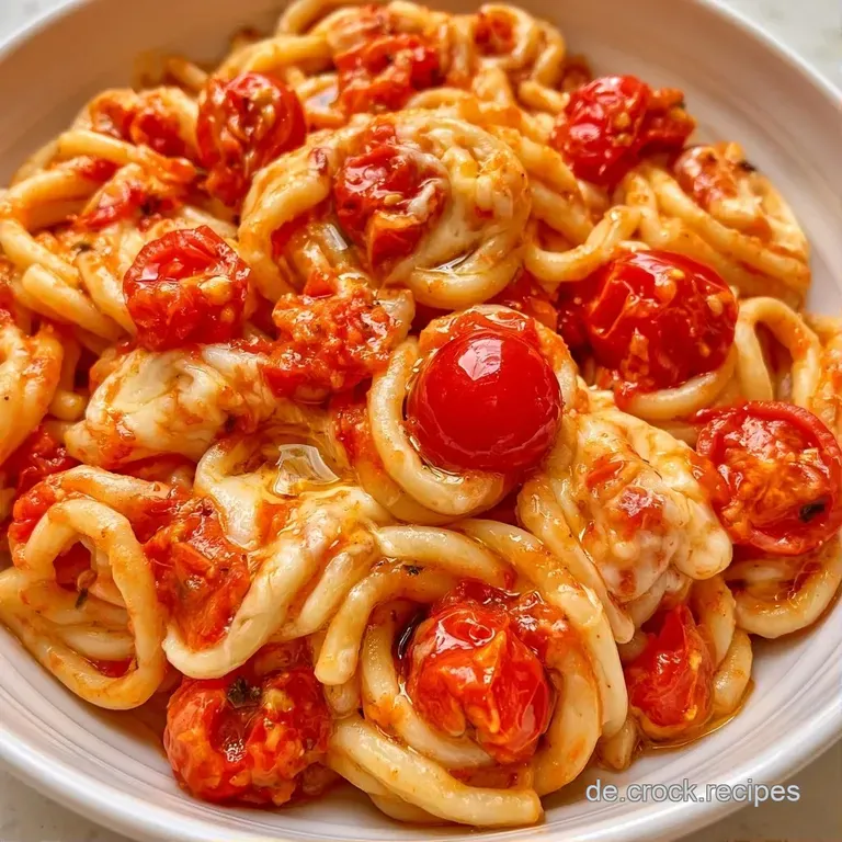 Cremige Pasta auf einem wei&szlig;en Teller, garniert mit geschmolzenem Mozzarella, gl&auml;nzender Sauce und frischem Basilikum.
