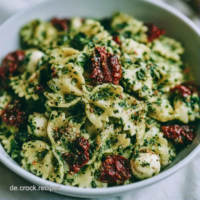 Auf einer hellen Platte angerichtet: gr&uuml;ne Nudeln mit wei&szlig;en Mozzarella-Kugeln und frischen, gr&uuml;nen Basilikumbl&auml;ttern.