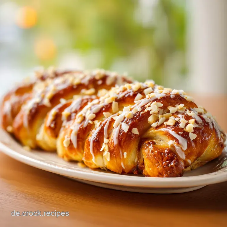 Slice of warm Nusskranz on a plate, light glistening off the sugary glaze, inviting nutty aroma visualized in a cozy kitchen.