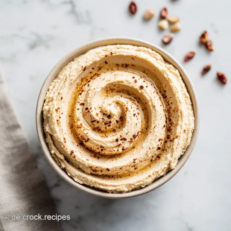 Smooth, ivory-colored hummus spread in a shallow dish with a swirl of tahini and toasted chickpeas on a stone platter.