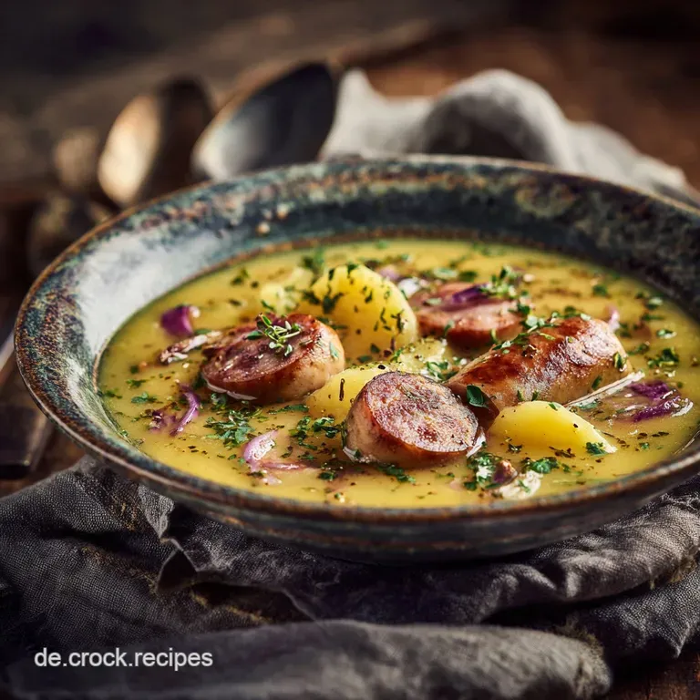 Omas Beste Herzhafte Kartoffelsuppe Mit Rauchenden W&uuml;rstchen Und Majoran presentation
