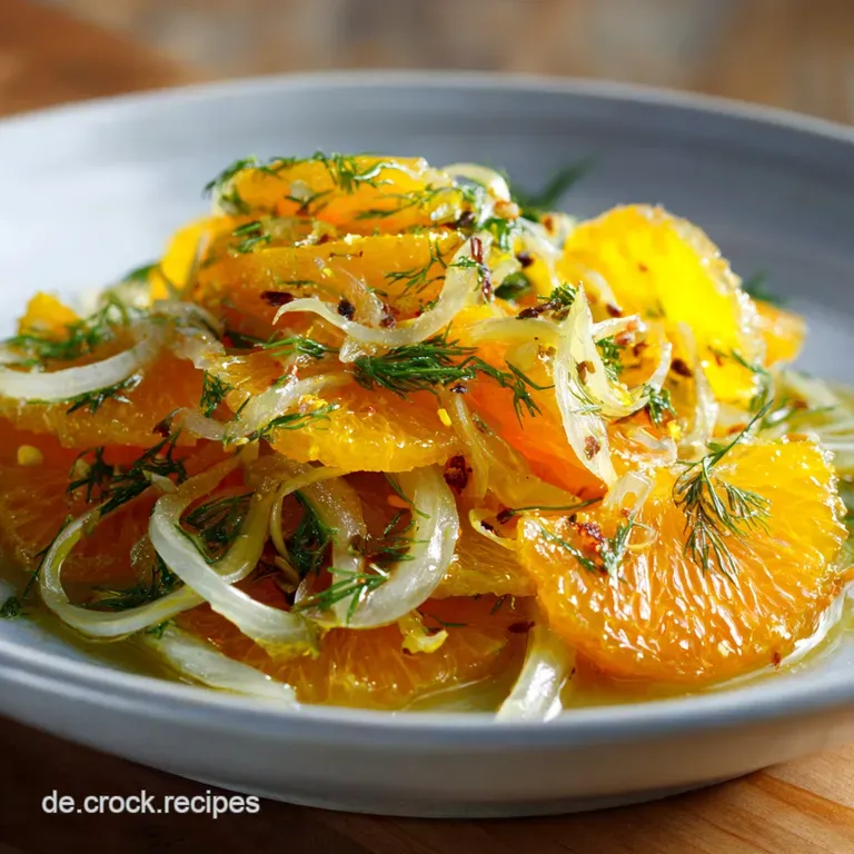 Bright orange segments and crisp fennel slivers elegantly arranged on a white plate, drizzled with a light, glistening dre...