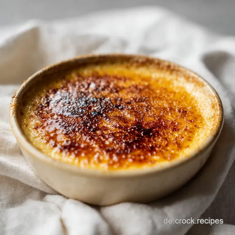 A perfectly torched Crema Catalana, glistening with amber caramel, rests elegantly on a white plate.