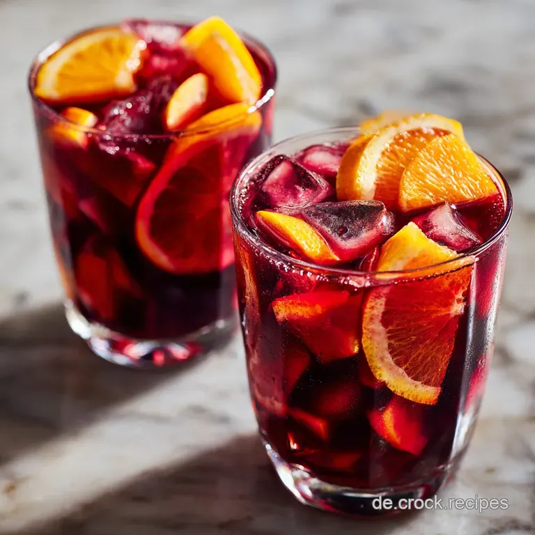 Elegant glass of Spanish sangria with ice, showcasing the deep red color and colorful fruit garnish; a refreshing and invi...