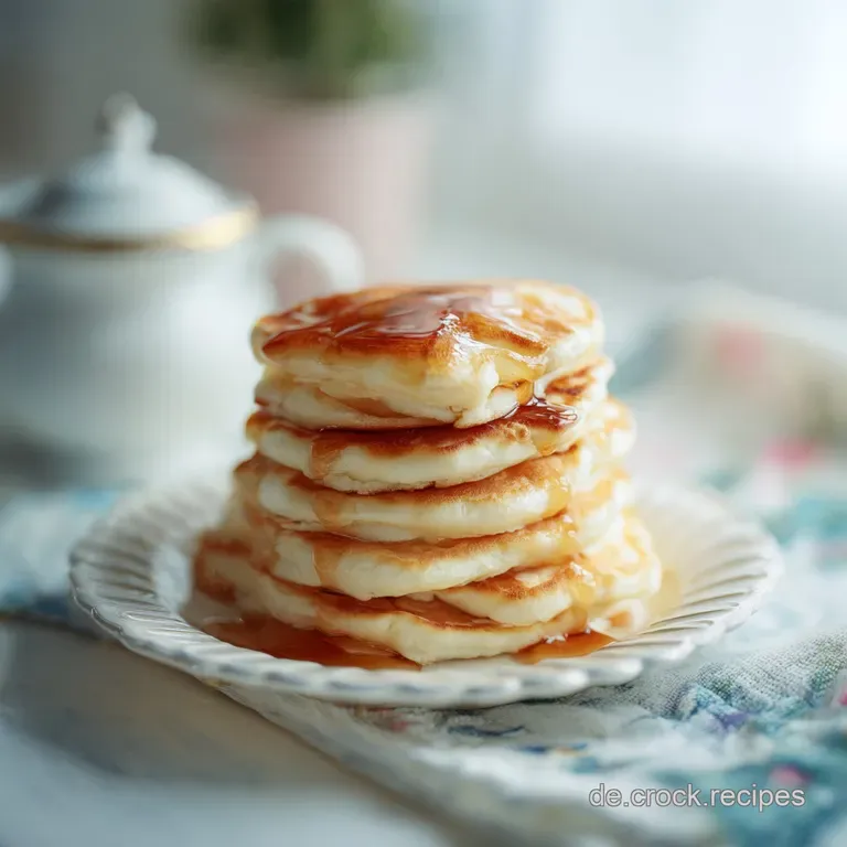 A neat stack of light, airy pancakes elegantly presented with fresh berries and a drizzle of syrup.