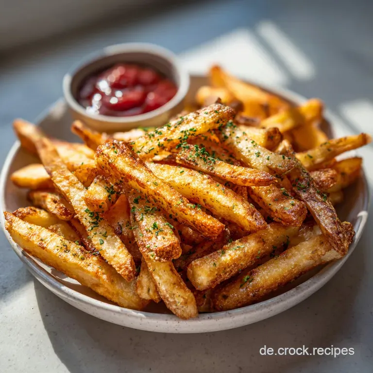 Crisp, golden air-fried potatoes artfully arranged in a rustic bowl, sprinkled with herbs, inviting you to enjoy a simple ...