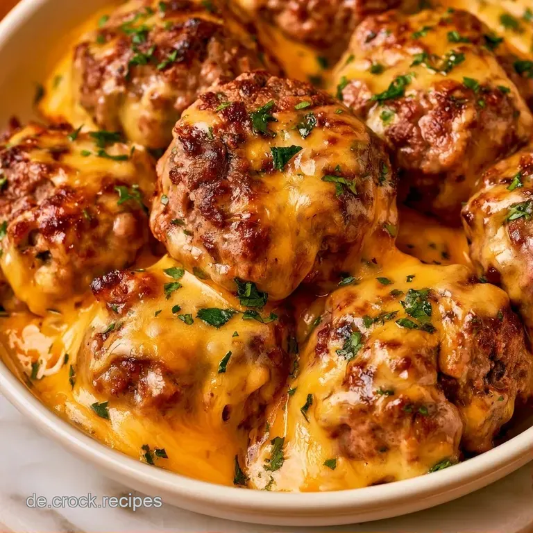 Wei&szlig;e Servierplatte mit gl&auml;nzenden, goldbraunen Fleischb&auml;llchen, garniert mit frischen Kr&auml;utern und cremiger Sauce.