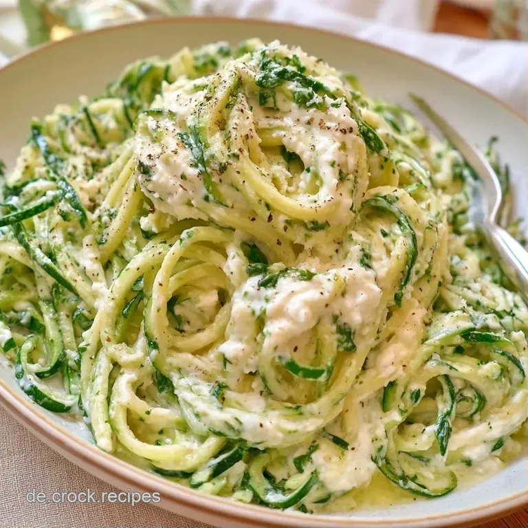 Aufgedrehte hellgr&uuml;ne Zucchini-Streifen mit cremiger wei&szlig;er Sauce und frischen Kr&auml;utern auf einem wei&szlig;en Porzellanteller.