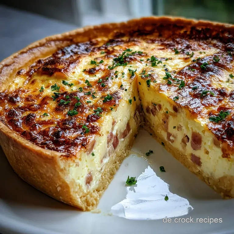 Slice of creamy quiche Lorraine on a white plate, speckled with bacon, garnished with fresh chives. A comforting, elegant ...