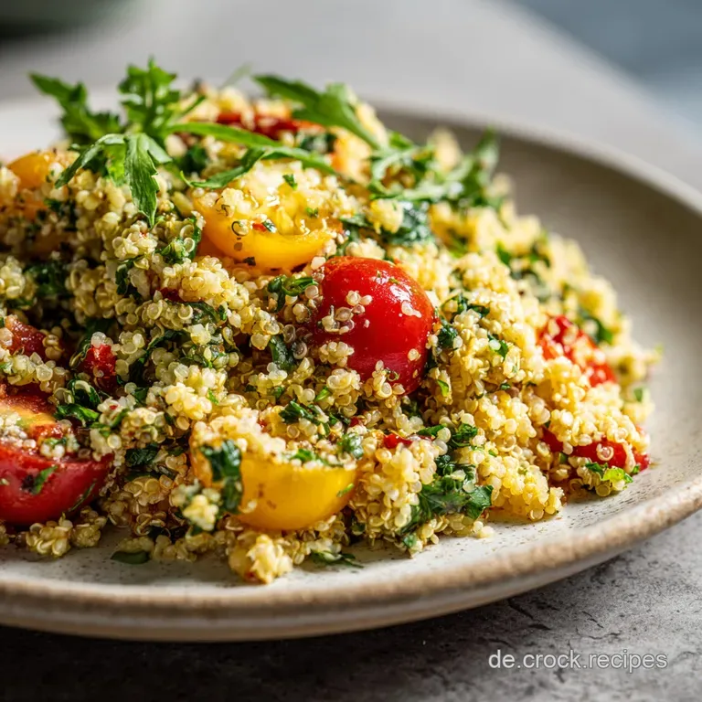 A vibrant serving of quinoa salad artfully plated with a generous sprinkle of feta and fresh herbs, inviting and colorful.