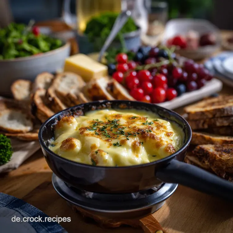 Raclette cheese elegantly draped over new potatoes and cornichons, artfully arranged on a white plate. A delightful, warm ...