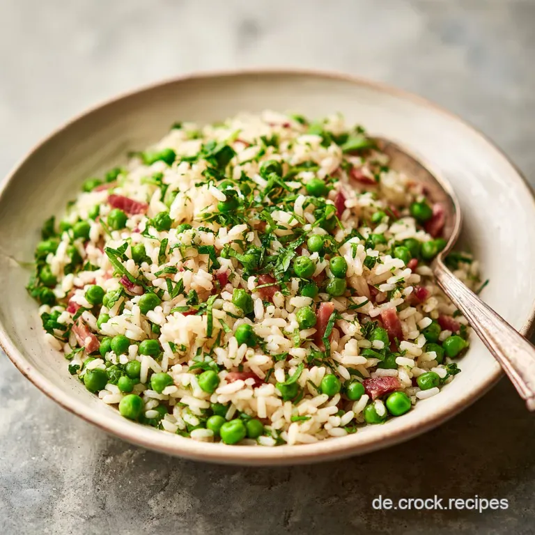 Perfectly portioned mound of rice and peas, garnished with fresh herbs, creating an inviting and balanced plate.