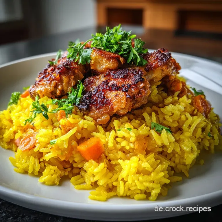 Elegant plate of fluffy golden rice and chicken, garnished with fresh herbs and a drizzle of flavorful sauce.