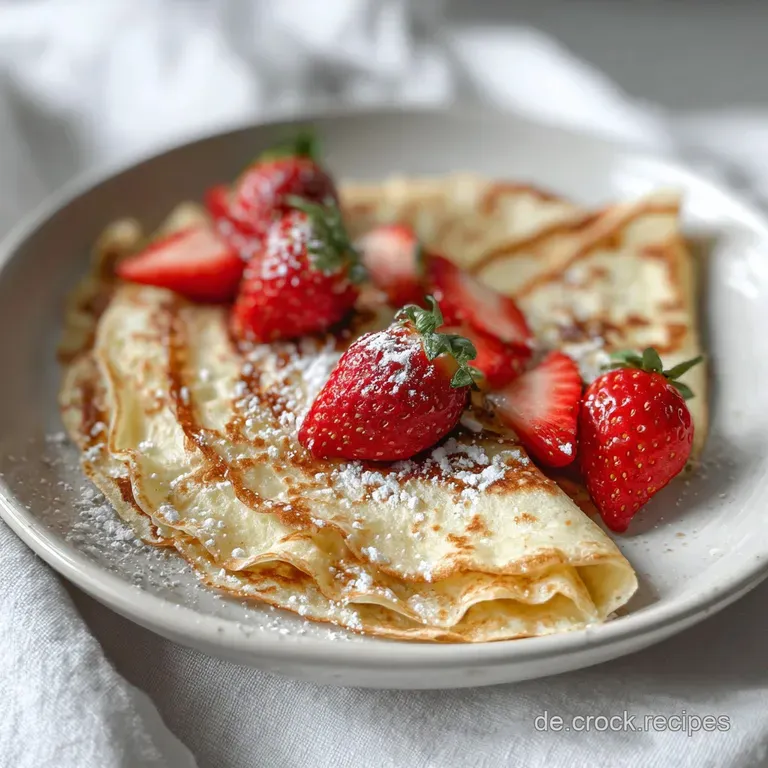 Delicate, thin crepe filled with whipped cream and fresh berries, drizzled with chocolate sauce on a white plate, inviting...