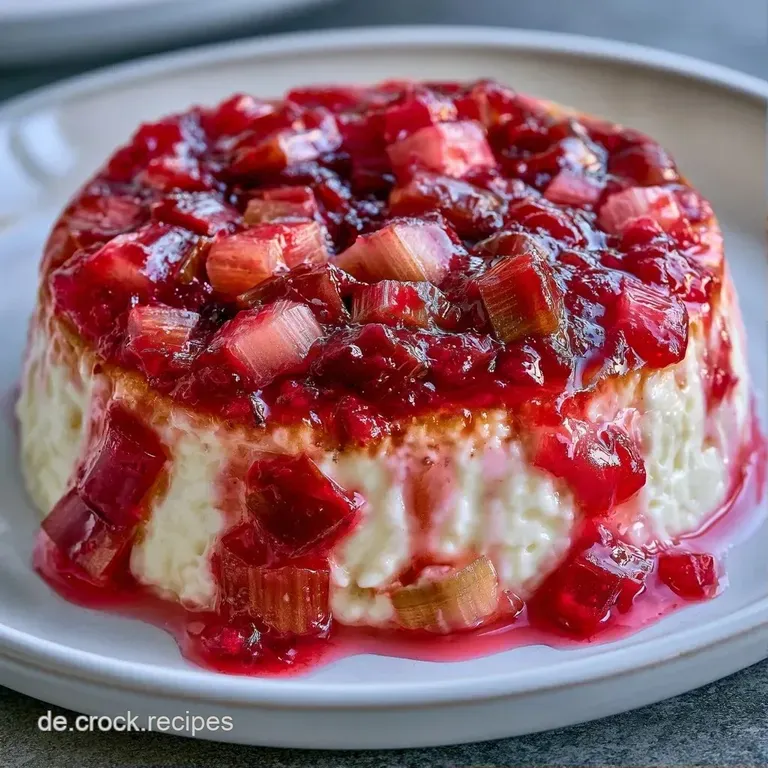 Ein wei&szlig;es Dessertglas zeigt Schichten aus samtigem Vanillepudding und leuchtend roten, weichen Rhabarberst&uuml;cken.