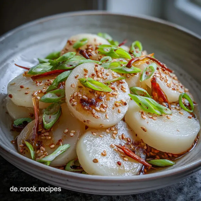 Stacked, saucy rice cakes with a vibrant red hue, sprinkled with sesame seeds and presented on a clean, white plate.