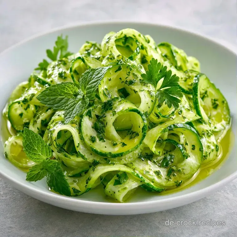 Knusprige, hellgr&uuml;ne Zucchinistreifen mit goldgelben Zitronenschalen und gl&auml;nzenden Kernen auf einer flachen Platte.