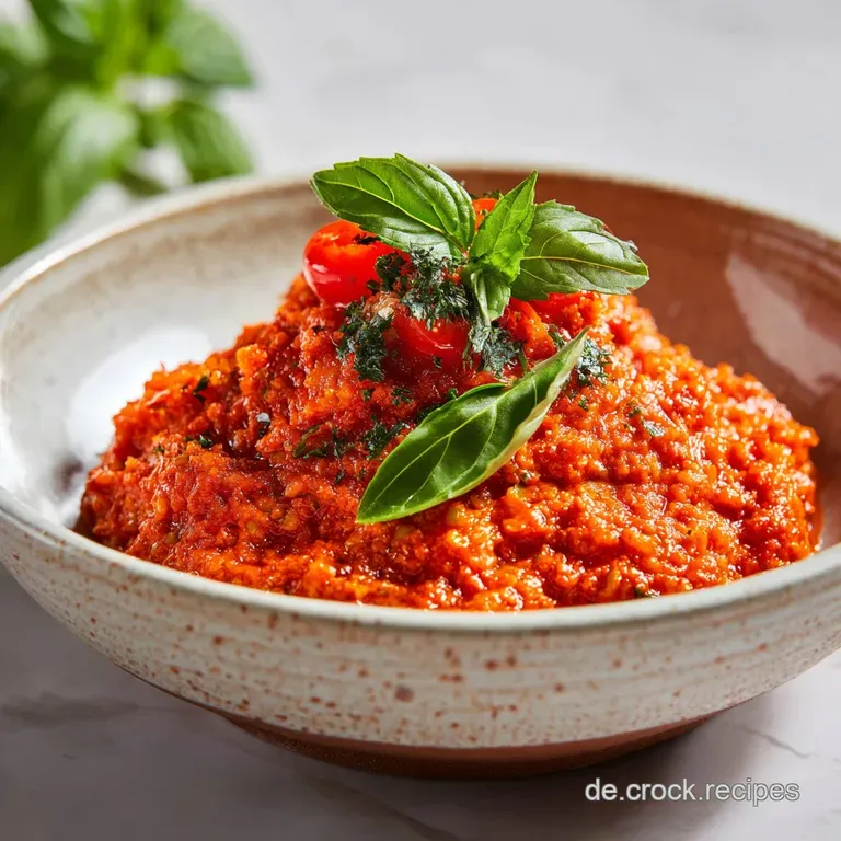 Bright red tomato pesto elegantly spooned over pasta, dusted with cheese, a basil sprig adds fresh green contrast.