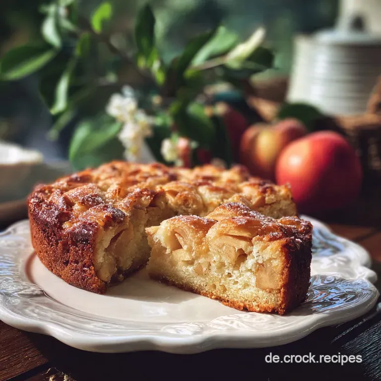 Rustic apple cake slice on a white plate. Cinnamon stick accent, hinting at warmth and spice. Inviting soft brown colors.