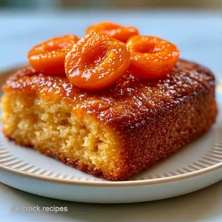 Cremige Kuchenportion auf Porzellan, gekr&ouml;nt von saftigen, orangefarbenen Fr&uuml;chten und goldbraunen Mandelstiften.
