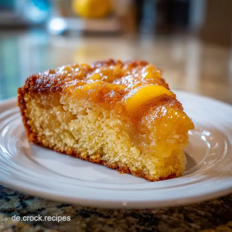 Slice of moist pear cake with caramelized edges on a white plate, alongside a dollop of whipped cream and a dusting of cin...