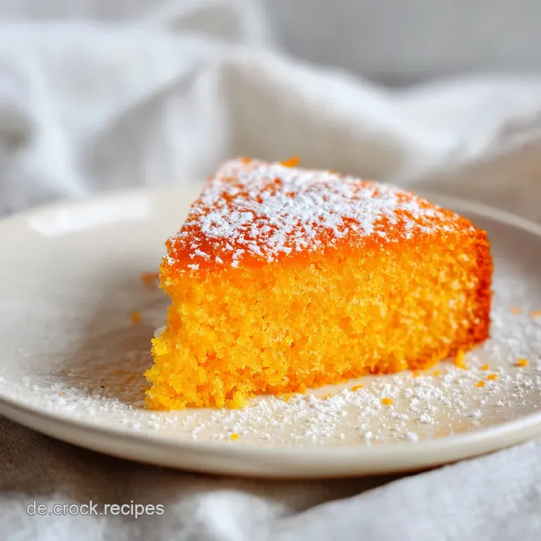 Mehrere orangefarbene Kuchenquadrate auf einem wei&szlig;en Porzellanteller, dekoriert mit gl&auml;nzenden, frischen Orangenscheiben.