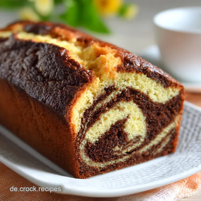 Slices of marbled cake with sugary glaze on a white plate, next to a cup of coffee. Crumbs scattered artistically around.