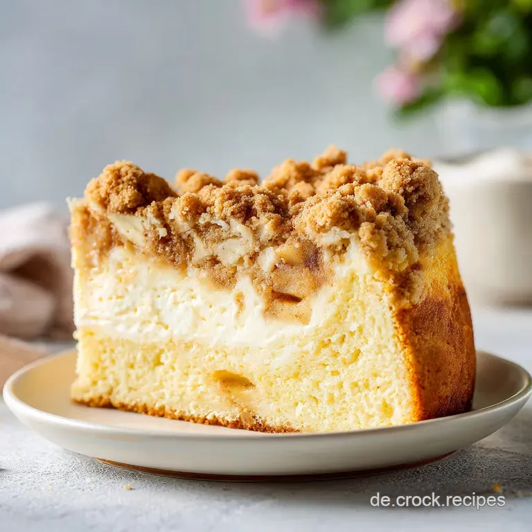 A slice of crumbly apple cake on a white plate, dusted with powdered sugar, served with a dollop of cream.