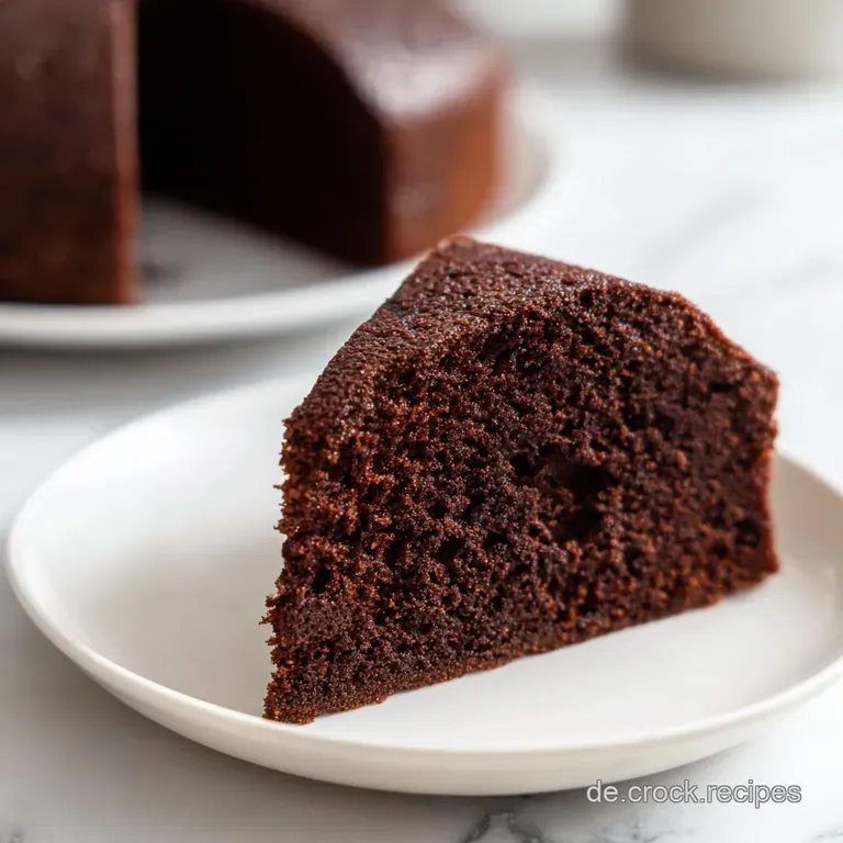 Ein saftiges St&uuml;ck dunkler Kuchen auf einem wei&szlig;en Porzellanteller, garniert mit einer Beere und weichem Schokosauce-Spiegel.