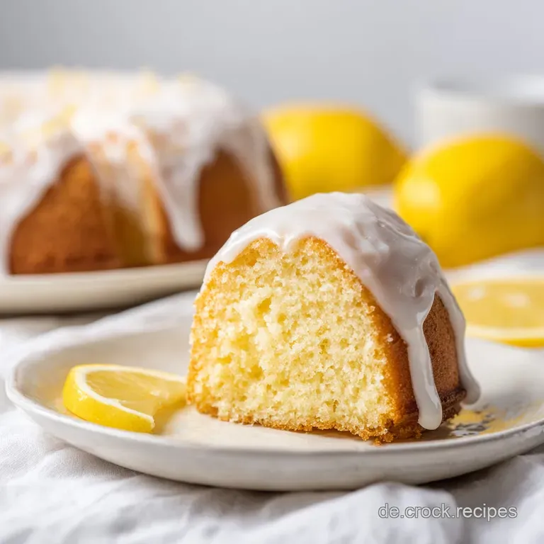 Ein St&uuml;ck goldgelber Kuchen auf einem wei&szlig;en Porzellanteller, best&auml;ubt mit feinem Puderzucker und Minzbl&auml;ttern.