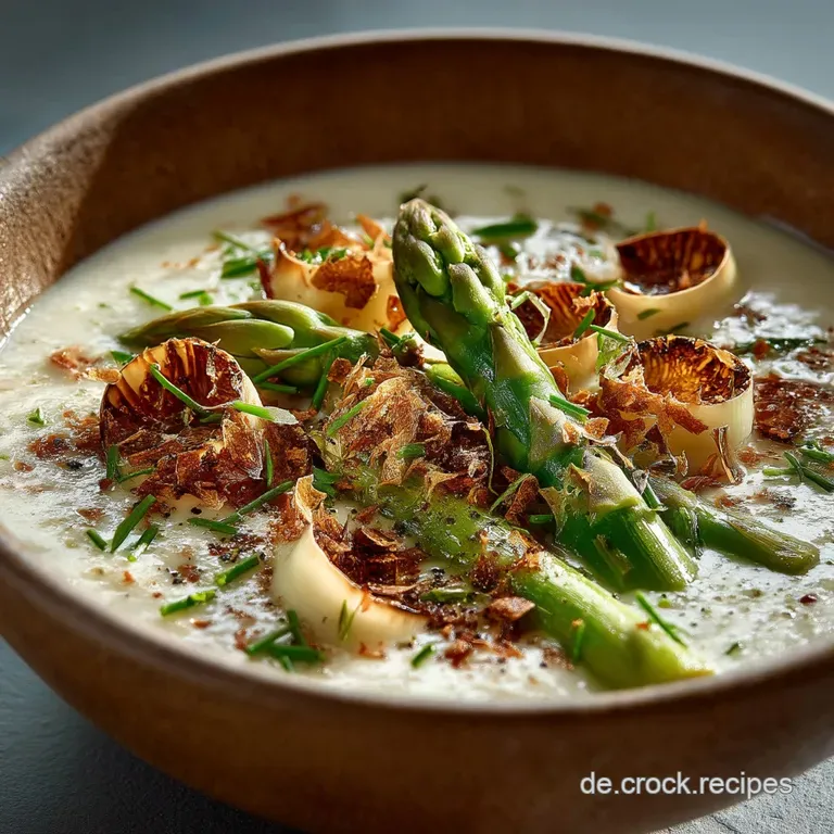 Klassische Samt Seide Spargelcremesuppe mit fein geschmolzenem Parmesan und SchnittlauchÖl presentation